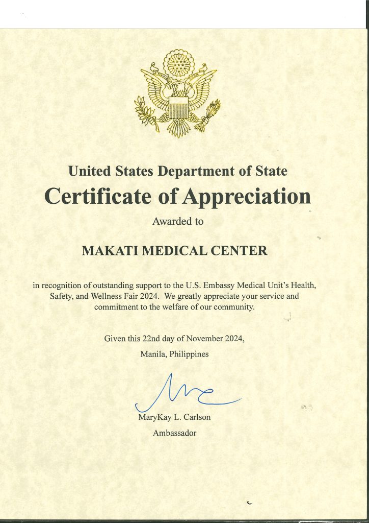US Embassy Certificate of Appreciation to MakatiMed