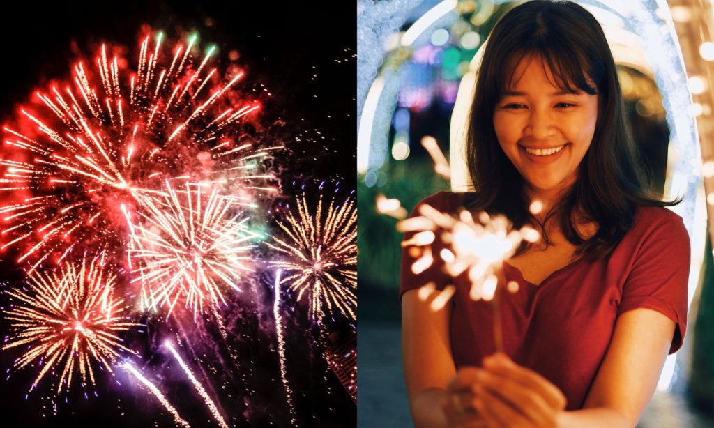 fireworks display on the left and a smiling woman holding a sparkler on the right