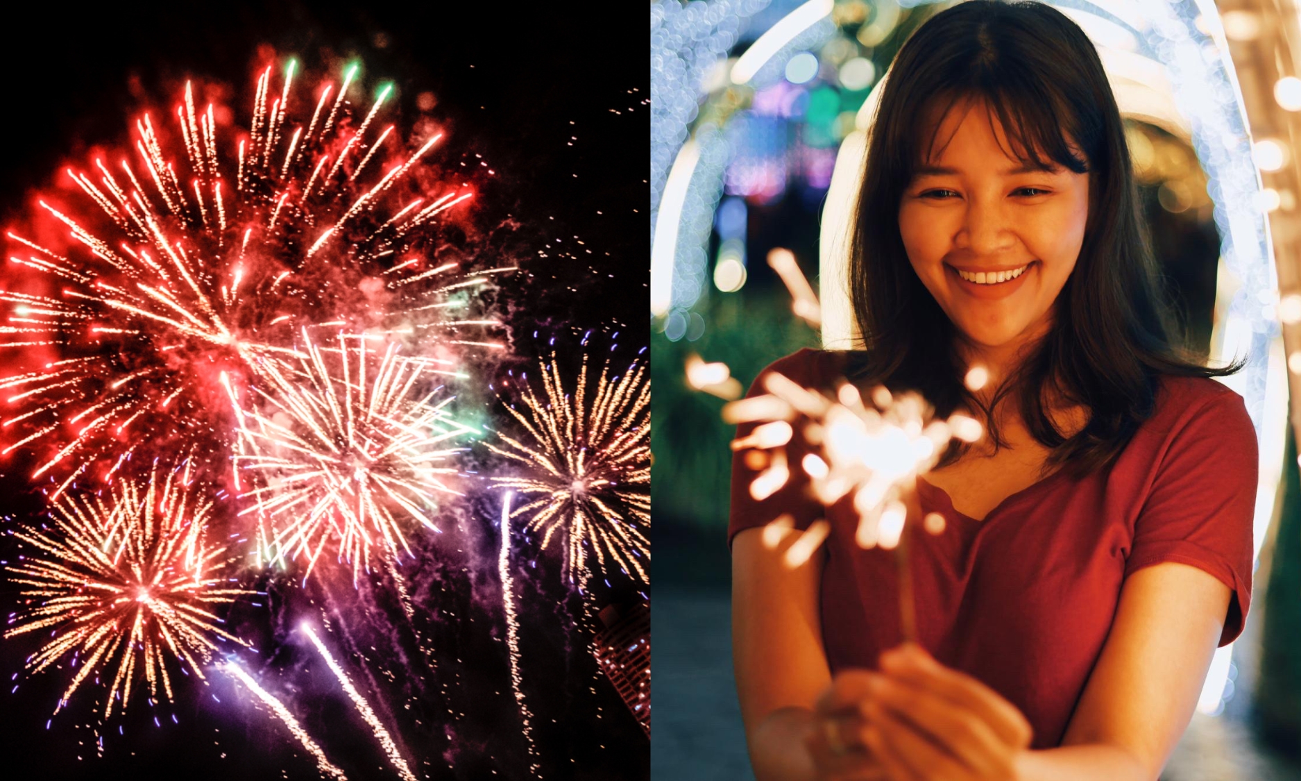 fireworks display on the left and a smiling woman holding a sparkler on the right
